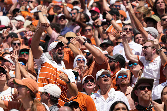 A Texas fan celebrates an Alabama fumble that was recovered by the Longhorns during the game at Royal Memorial Stadium on Sep. 10, 2022. Aem Texas Vs Alabama 4